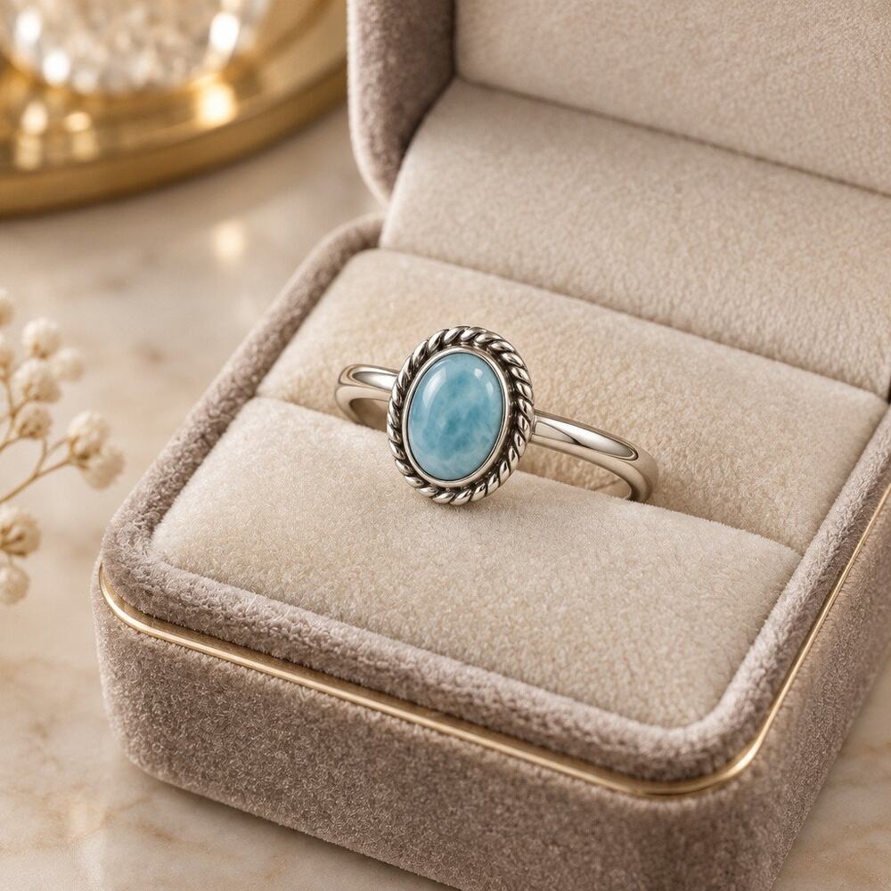 925 Sterling Silver Oval Larimar Cabochon Twisted Rope Statement Ring size 7